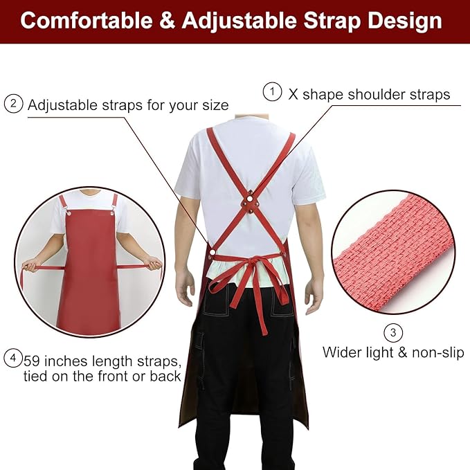 SHEOMERN 2 Pack Heavy Duty Vinyl Dishwasher Apron Adjustable Cross Back Strap for Dishwasher, Butcher, Dog Grooming, Chemical Resistant, 43" Long Thicker Apron Red