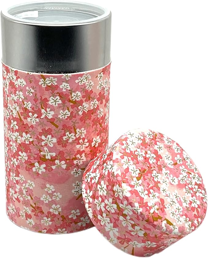 Japanese Tea Canister Tin Sakura cherry blossoms/Double Lid/Japanese YUZEN Washi Paper Pasted /200g Tea Capacity/Loose Leaf Tea Storage/Storage Container with Lid