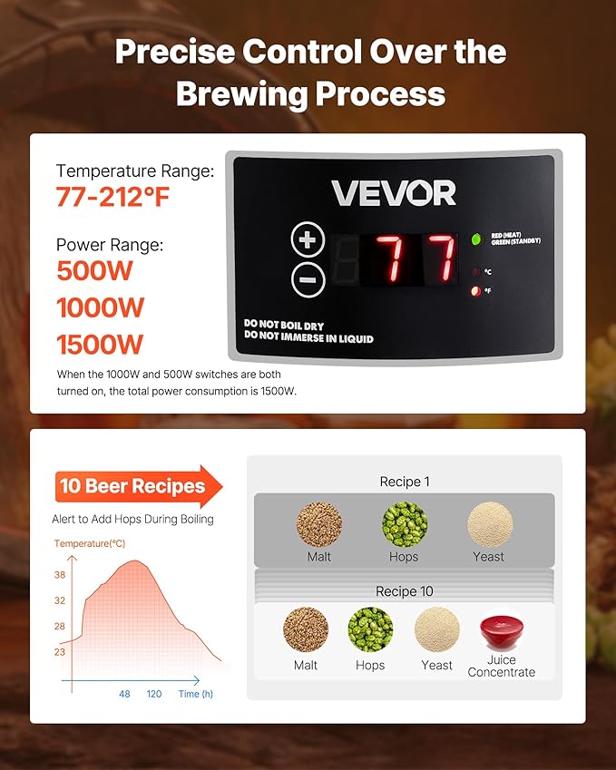 VEVOR Beer Brewing Equipment, 8 Gal/30L 304 Stainless Steel Home Beer Brewer,1500W All-in-One Home Brewing Kit with Tall strainer, Integrated Inner Barrel & Reinforced Handle