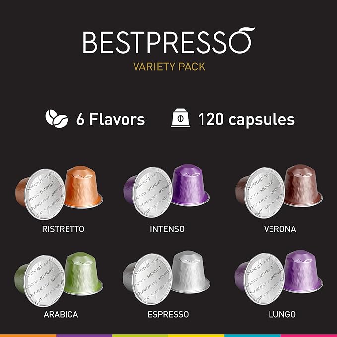 Bestpresso Coffee for Nespresso Original Machine 120 pods Certified Genuine Espresso Variety Pack Pods Compatible with Nespresso Original