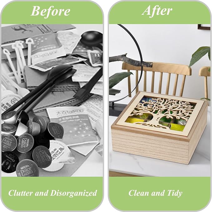 handrong Tea Box Organizer,Wood Teas Bag Holder,Tea Organizers and Storage,Teas Organizer with Tree Pattern for Home Kitchen Office