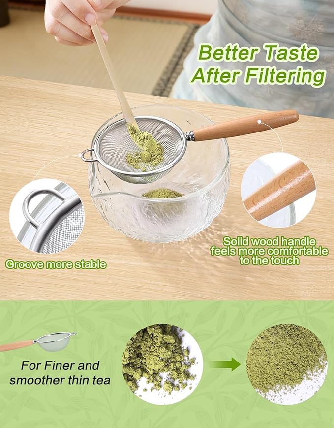 Matcha Whisk Set, 7 Pcs, Matcha Kit Includes Matcha Bowl, Matcha Whisk and Holder, Bamboo Scoop, Spoon, Sifter and Tea Towel, Matcha Set, Gift for Matcha Lovers & Beginners (Transparent Color)