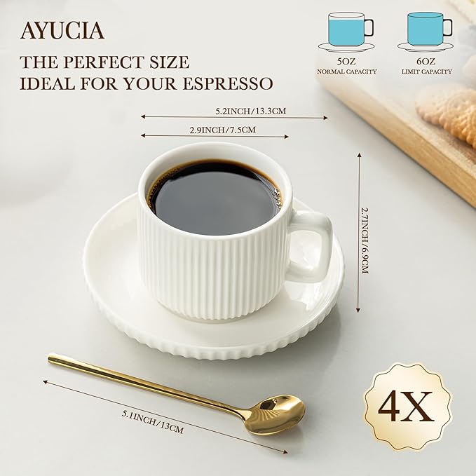 5 Ounce Espresso Cups Set of 4, Small Coffee Cups with Saucers and Spoons, White Cream Ceramic Demitasse Espresso Mugs
