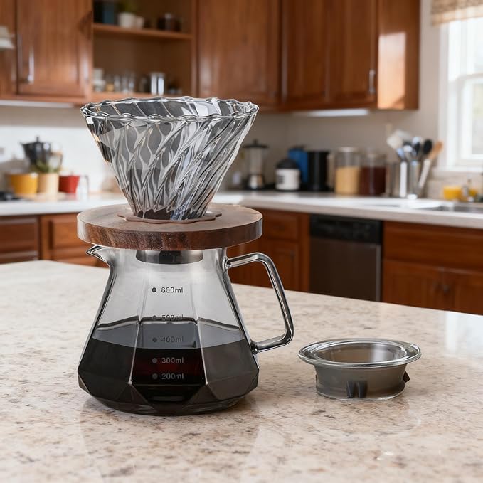 BeeCa Pour Over Coffee Maker Set, Smoked Glass 20oz/600ml All-in-One Dripper, Borosilicate Carafe with Handle & Lid, Includes 50 pcs paper filters (Size 02), for Home Café Restaurant and Camping