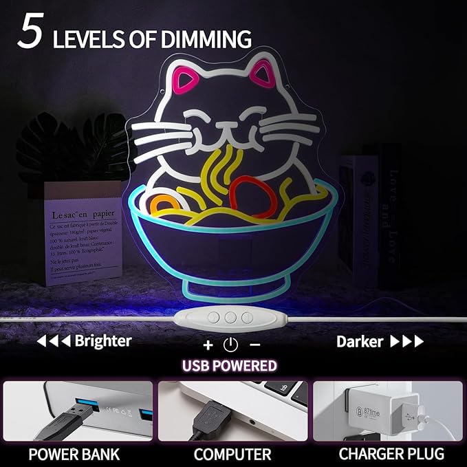 Fortune Cat Ramen Neon Sign Dimmable Lucky Cat Neon Light Sign for Wall Decor Japanese Noodles Led Signs for Home Kitchen Restaurant Bar Party Business Decor Gift 12.6" x 15"