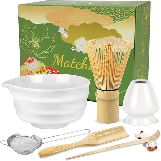 7 Pcs Matcha Whisk Set with Ceramic Bowl, Bamboo Scoop, Whisk, Holder, Sifter, Spoon and Scoop Holder, Tea Kit for Matcha Lover (White)