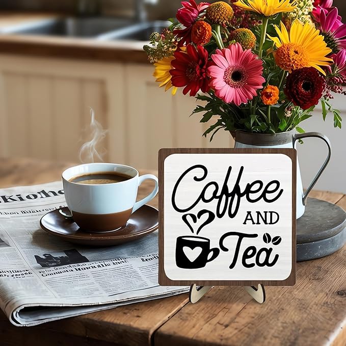 Coffee Bar Sign Plaque, Coffee Signs for Coffee Station, Vintage Coffee Sign Decor for Kitchen, Coffee Bar Accessories, Coffee Themed Gifts, Farmhouse Cafe Sign,Coffee & Tea Bar Decor Signs (White&Brown, 5.9x5.9inches)