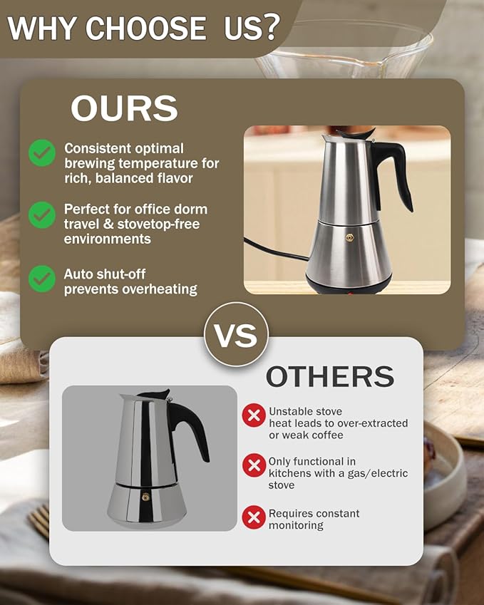 Electric Moka Pot with Detachable Base Stainless Steel Espresso Maker 10oz 6 Cup 300ml Silver Italian Coffee Maker for Kitchen Home 110V