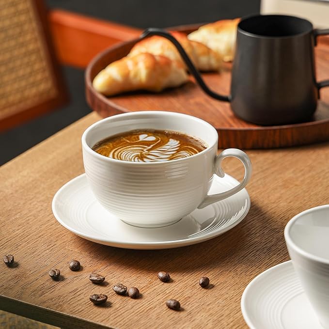 4pcs White Coffee Cups with Saucers, 10oz Ceramic Cappuccino Cups, Microwave & Dishwasher Safe, for Home, Cafe