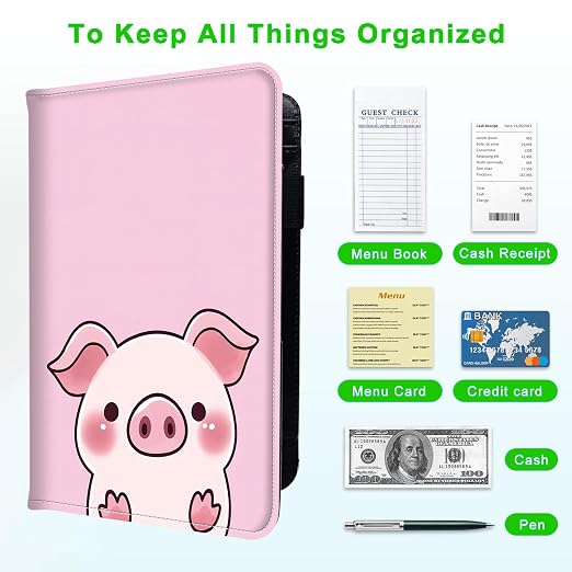 Server Books for Waitress, with 7 Large Pockets, Waiter Serving Book, Waitstaff Server Order Pads, Cute PU Leather Server Book with Pen Holder Fit Server Apron,Cute Pig - Image 5