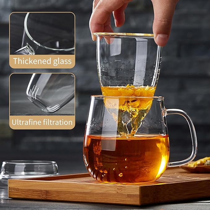Large Glass Tea Cup, 25.6 oz Borosilicate Glass Tea Mug with Infuser and Lid, Clear Tea Cups for Brewing Scented Tea and Tea Bag.