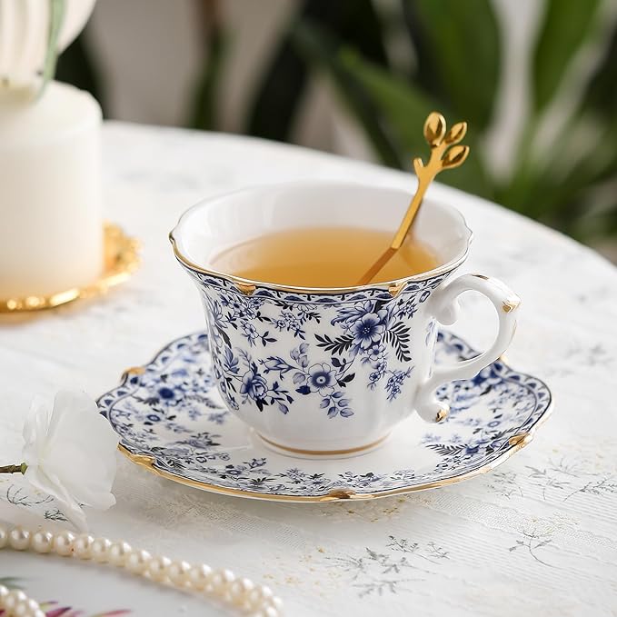 Country Roses Porcelain Tea Cup and Saucer Set with Gold Trim, Vintage Style, For Women and Tea Parties (2, Cyan)