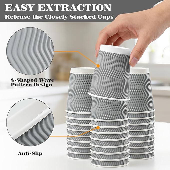 Ginkgo 100 Pack 8 oz Disposable Insulated Coffee Cups With Lids, Double-Walled Ripple To Go Paper Travel Cups for Hot Drinks - Gray
