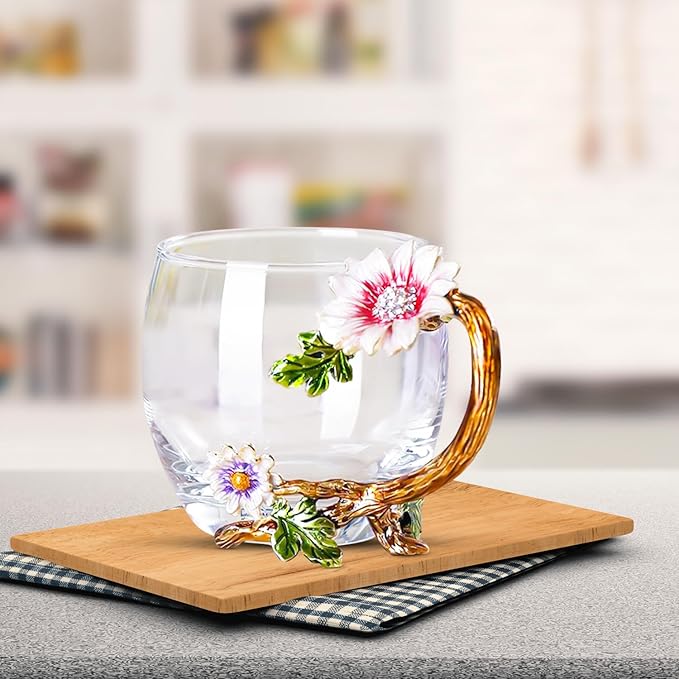 The Pure Embrace Flower Glass Tea/Coffee Cup, Gift for Mom, Birthday Gift for Women, Lead-Free Enamel Glass with Spoon (Small)