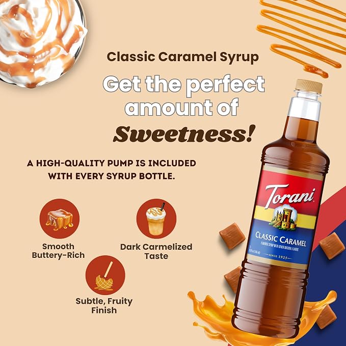 Torani Classic Caramel Syrup 1 Liter Bottle with Pump – Premium Coffee Flavoring with Pure Cane Sugar, Natural Caramel Flavor for Lattes, Desserts, Cocktails & More - Image 6
