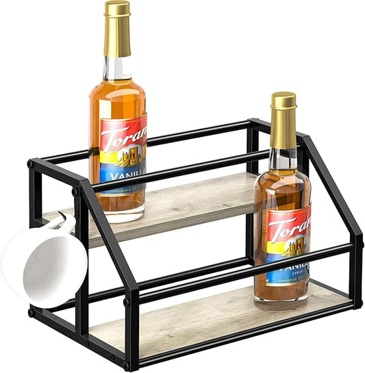 Coffee Syrup Rack Organizer, Syrup Bottle Holder Stand for Coffee Bar, 2-Tier 8 Bottles Storage Shelves for Syrup, Wine, Dressing for Kitchen Countertop, Greige