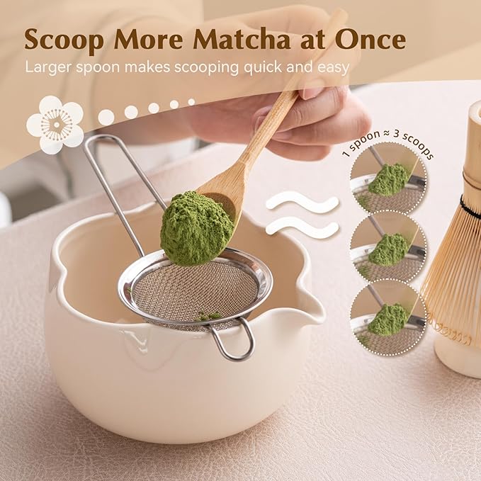 Matcha Set, 8Pcs Floral Ceramic Matcha Kit with Matcha Whisk, Holder, Scoop, Scoop Rest, Sifter, Spoon and Tea Towel - Thoughtful Matcha Whisk Set Gift for Matcha Lovers (Beige)