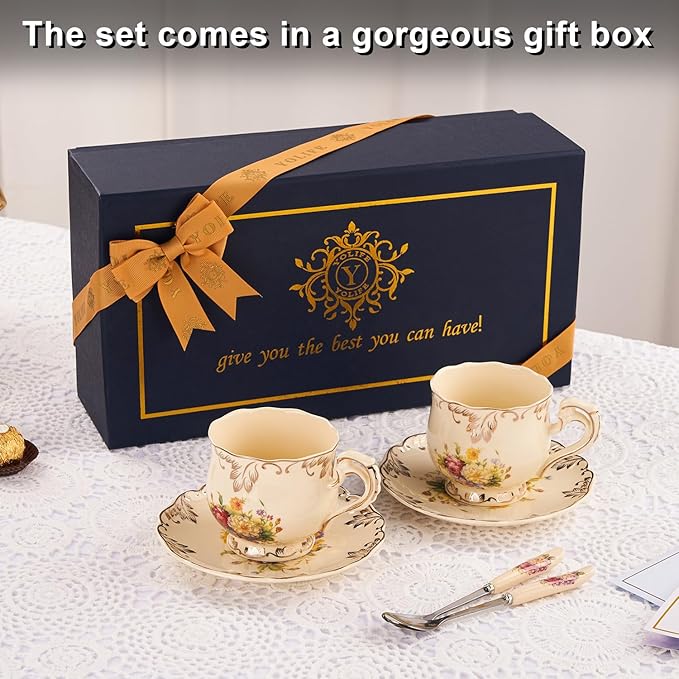 YOLIFE Tea Cups and Saucers Set of 2, Vintage Ceramic Tea Cups Set Floral with Gold Leaves Trim - 8 oz (Flower Shrubs with Gift Box(no stand))