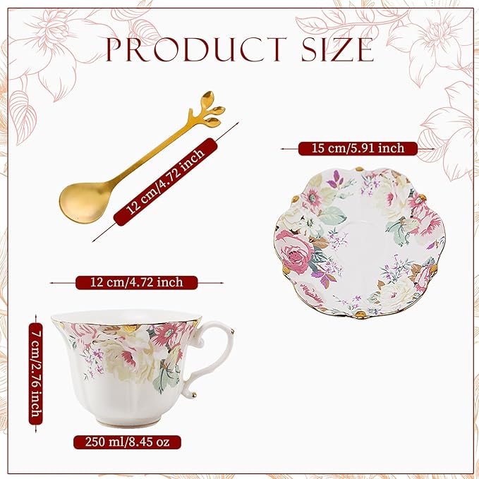 Country Roses Porcelain Tea Cup and Saucer Set with Gold Trim, Vintage Style, For Women and Tea Parties (1, Pink)