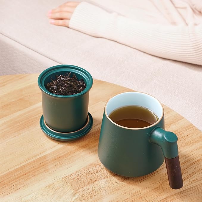 ZENS Tea Cup with Infuser and Lid, 11 oz Ceramic Steeper Mug for Loose Leaf Tea Lovers Gifts, Wood Handle Tea Strainers Green