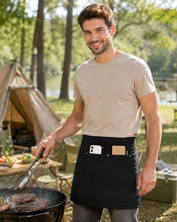 Work Server Apron for Men Women 2PCS with 3 Pockets for chef, waitress | Black Waist Apron for Waitress, Waiter, Barista, Ideal for Cafe, Bar, Gardening, Cooking, BBQ, Painting, Cleaning - Image 4