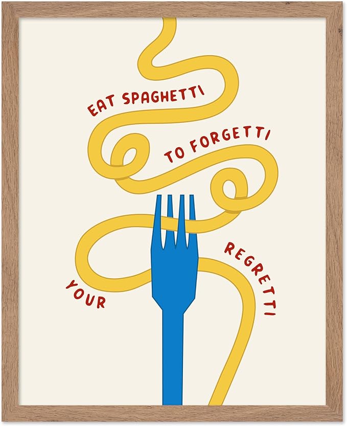 Poster Master Spaghetti Poster - Eat Spaghetti To Forgetti Your Regretti Print - Food & Drink Art - Gift for Chef, Cook - Fun Decor for Restaurant, Kitchen, Dining Room, 11x14 Beige Framed
