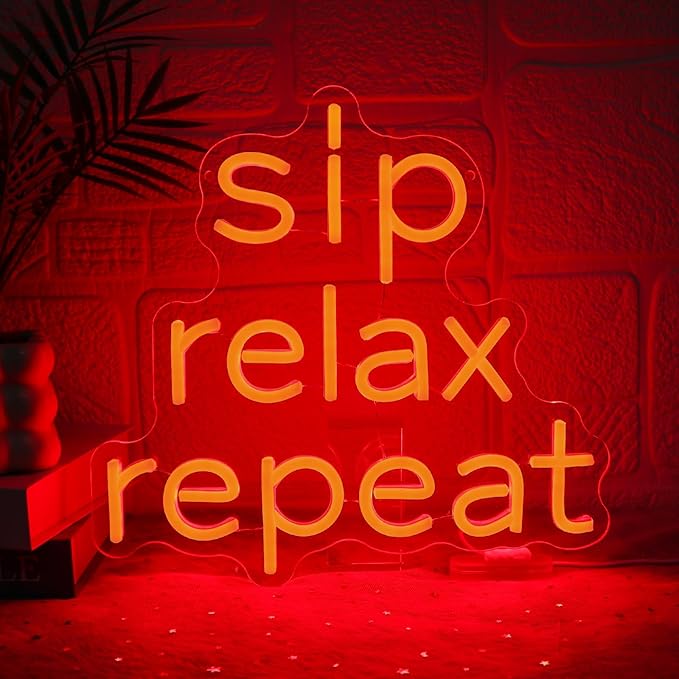 Sip Relax Repeat Neon Sign for Wall Decor Dimmable Red Led Sign for Home Bar USB Powered Coffee Neon Light for Wine Cellar Cafe Kitchen Pub Dining Room Shop Party Decor