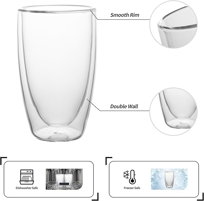 NIRA.Z 2 Pack 16oz Double Wall Glass Coffee Mugs, No Hole Bottom, Insulated Borosilicate Glass Coffee Cups, Clear Mugs for Hot & Cold Beverages, Perfect for Espresso, Latte, Tea, Cappuccino