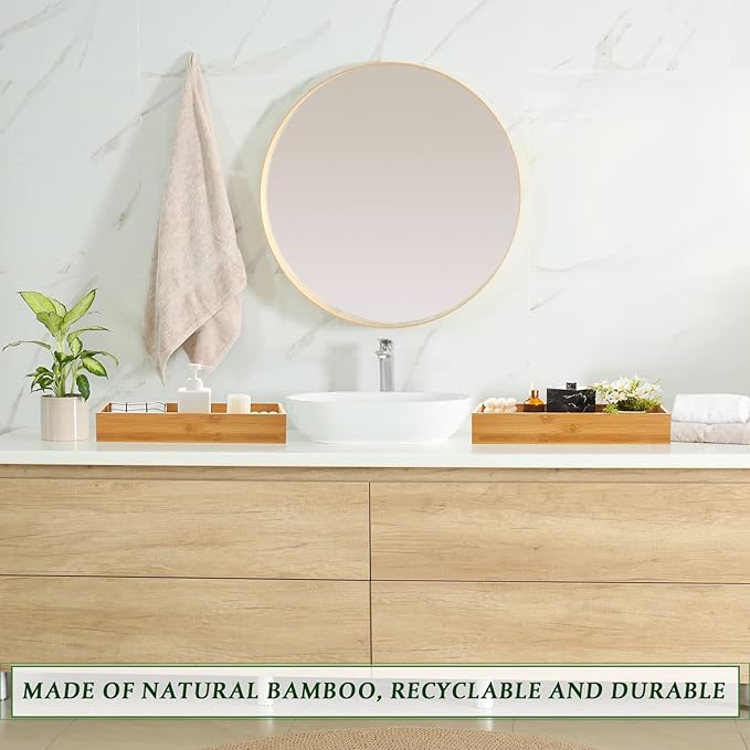 2 Pcs Wood Toilet Paper Basket Bamboo Toilet Paper Tank Topper Wooden Tray for Bathroom Bamboo Organizers and Storage with Handles Kitchen Box with 10 Pcs Silicone Non Slip Pad for Pantry
