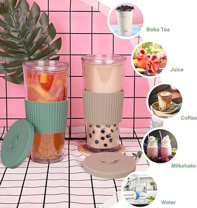 2 Pack Reusable Boba Tea Cups, 24oz Iced Coffee Cup with Straw and Lid, Leakproof Clear Plastic Cups Tumbler, Double Wall Insulated Smoothie Tumbler, Wide Straw for Bubble Tea, Cinnamon&Olive