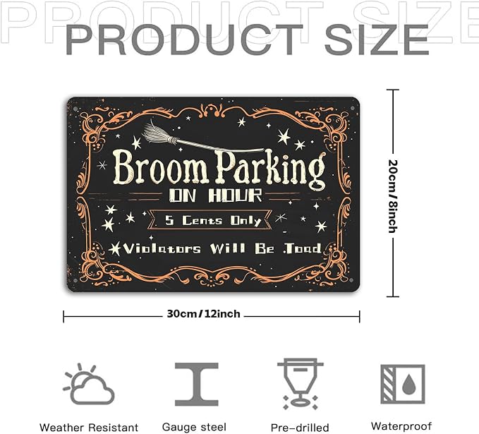 Broom Parking Only Violators Will Be Toad Tin Sign Vintage Halloween Metal Signs for Home Cafe Bar Porch Yard Front Door Indoor Outdoor Decor Sign Pre-Drilled Holes for Easy Installation 8x12 inch - Image 2
