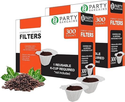 PARTY BARGAINS 600 Compact Disposable Coffee Filter Liners – Compatible with Keurig Brewers & K-Cup Reusable Pods, Single-Serve Paper Filters