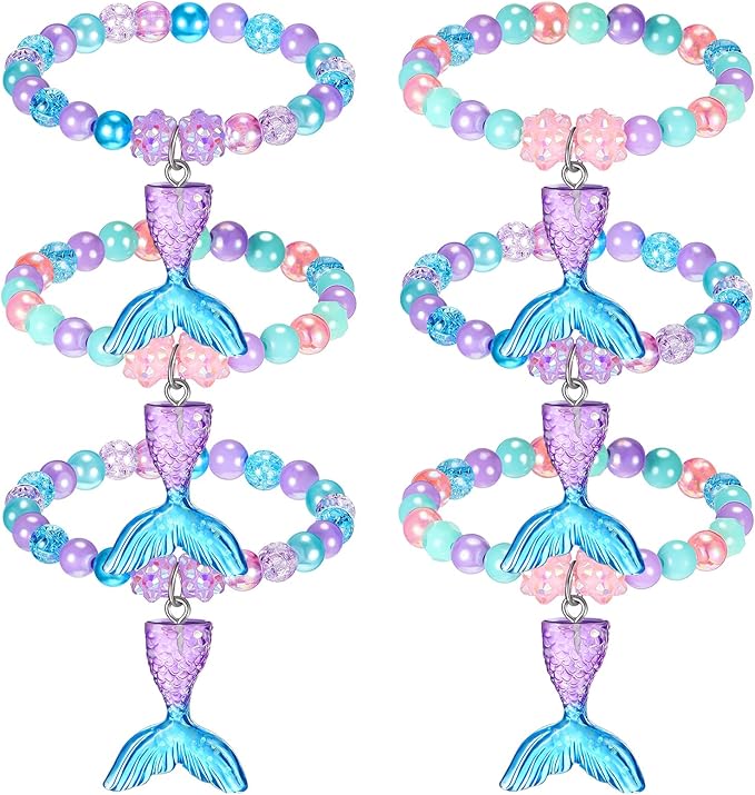 Ecally 6 Pcs Mermaid Party Favors Mermaid Beaded Bracelet Bulk Ocean Party Supplies Costume Jewelry Princess Birthday Classroom Prize Gifts Cute Toddlers Little Girls