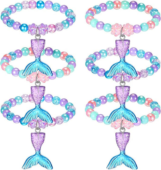 Ecally 6 Pcs Mermaid Party Favors Mermaid Beaded Bracelet Bulk Ocean Party Supplies Costume Jewelry Princess Birthday Classroom Prize Gifts Cute Toddlers Little Girls