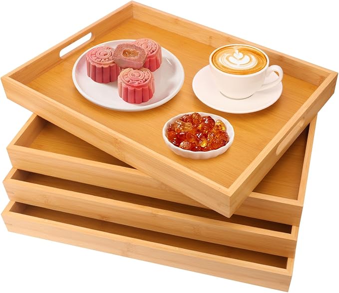 4 Pack Large Bamboo Serving Tray with Handles - 16 x 11.6 Inch Wooden Dinner Tray, Home Kitchen Decorative Tray, Breakfast Trays for Eating on Couch, Lap Trays, Coffee, Kitchen, Picnic
