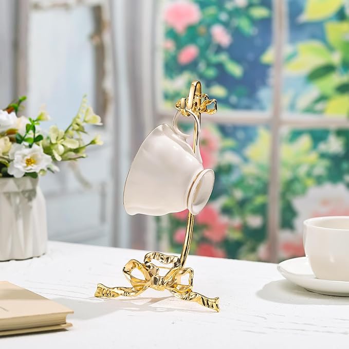 Brass Tea Cup and Saucer Display Stand Vintage Bow Teacup Holders Plate Stand Mug Hooks Classic Durability Countertop Storage for Cabinet Kitchen Counter Bar (4.92 x 9.25 x 2.56 Inches)
