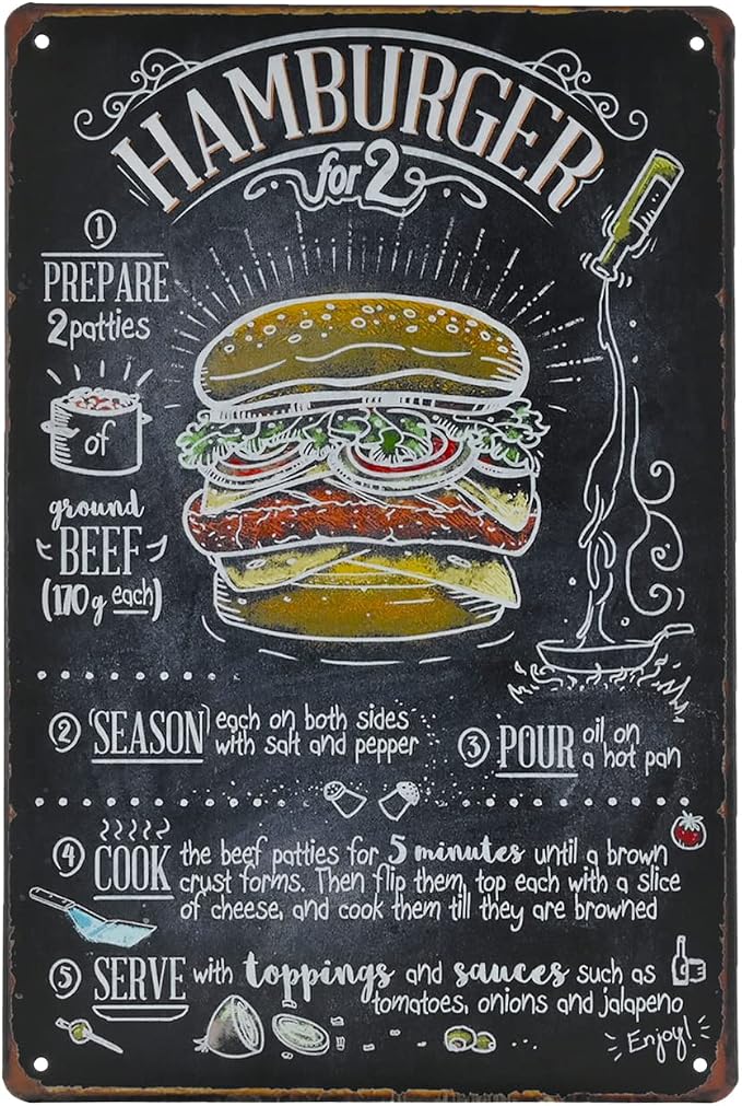 Fast Food Vintage Tin Sign - Hamburger Retro Metel Sign - Wall Decor wall sign for Kitchen Bakery Cafe Restaurant by TREEPERI