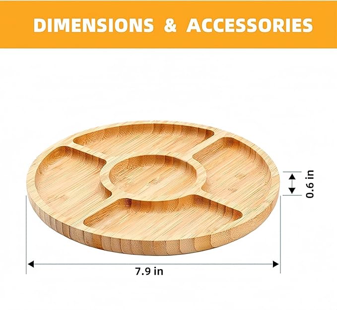 Divided Serving Dish Tray,7.9 in Round Bamboo Serving Trays,Wooden Candy Platters with 5 Compartments,Lazy Snack Trays for Home Decor,Parties, Events (1Pcs)