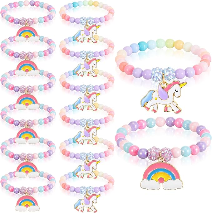Ecally 12 Pcs Unicorn Party Favors Unicorn Beaded Bracelet Bulk for Goodie Bag Stuffers Supplies Jewelry Princess Birthday Prize Gifts
