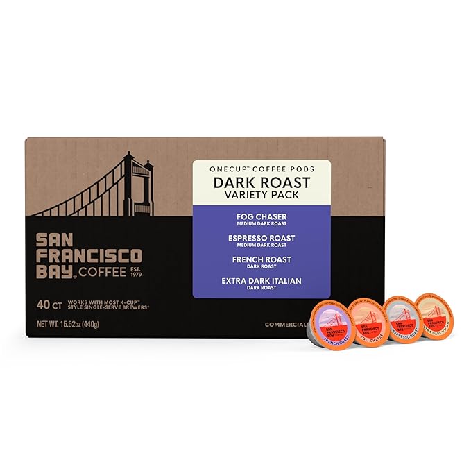 San Francisco Bay Coffee - Dark Roast Variety Pack (40 ct) - Fog Chaser, Espresso Roast, French Roast, & Extra Dark Italian - Single Serve Coffee Pods, Commercially Compostable, K Cup Compatible