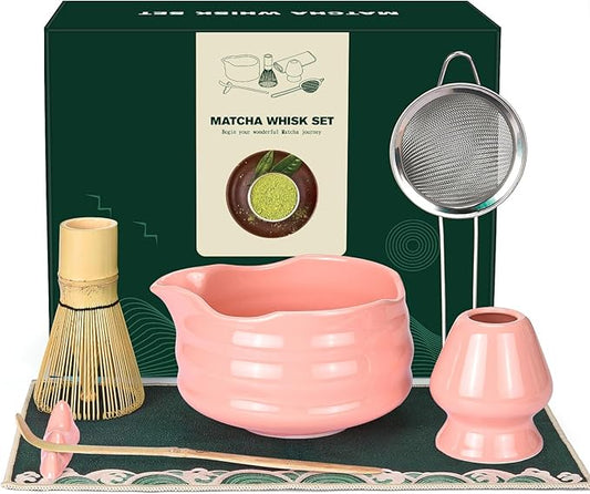 Matcha Whisk Set: 7 Pcs Ceramic Matcha Set with Bowl, Whisk, Holder, Scoop, Sifter, Rest & Towel – Japanese Matcha Kit Gift (Sakura Pink)