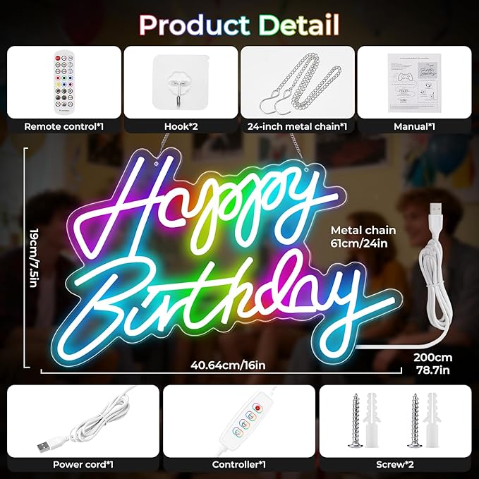 Happy Birthday Sign for Wall Decor, RGB Led Happy Birthday Decorations For Party And Remote Control, USB Powered Dimmable Neon Light.Corlorful Happy Birthday Light Up Sign.