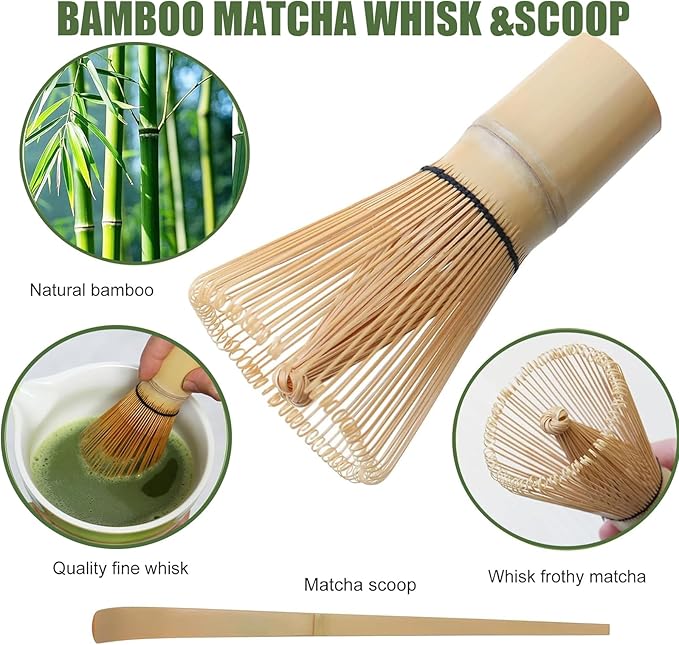 Matcha Whisk Set, 7 Pcs Matcha Kit with Bamboo Tools, Bamboo Design Matcha Bowl, Holder, Scoop, Scoop Rest, Sifter and Tea Towel for Matcha Lovers