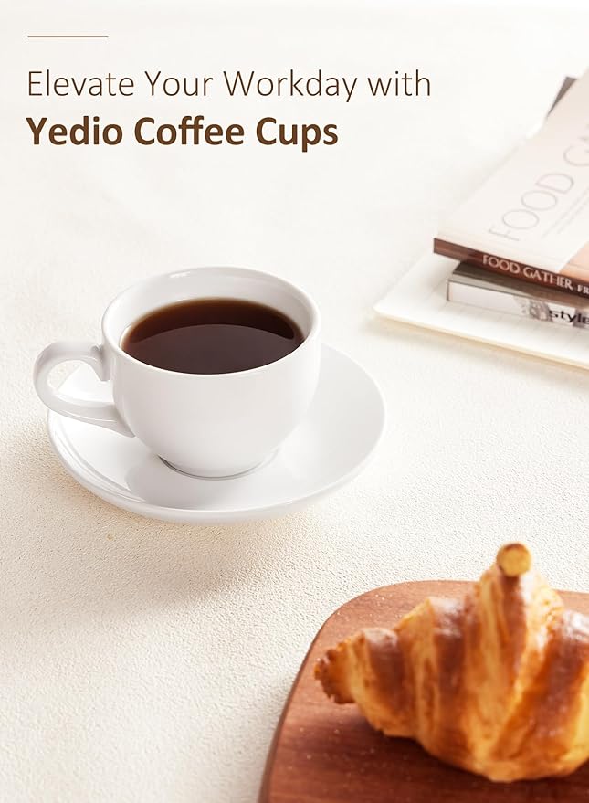 Yedio Porcelain Coffee Cups Set with Saucer, 6 Ounce White Porcelain Cup and Saucer Set for Cappuccino, Coffee Latte, Coffee drinks and Tea, Set of 6