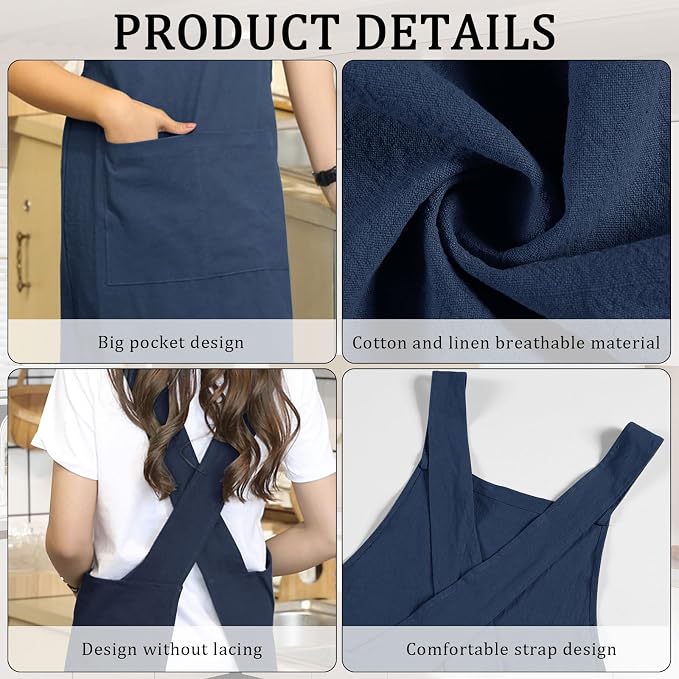 Japanese Style Apron, X Cross Back Strap Aprons, Linen and Cotton Blend Apron, No Tie Design with 2 Practical Front Pockets, Perfect for Women Men Baking Painting Gardening Cleaning (DarkBlue) - Image 6
