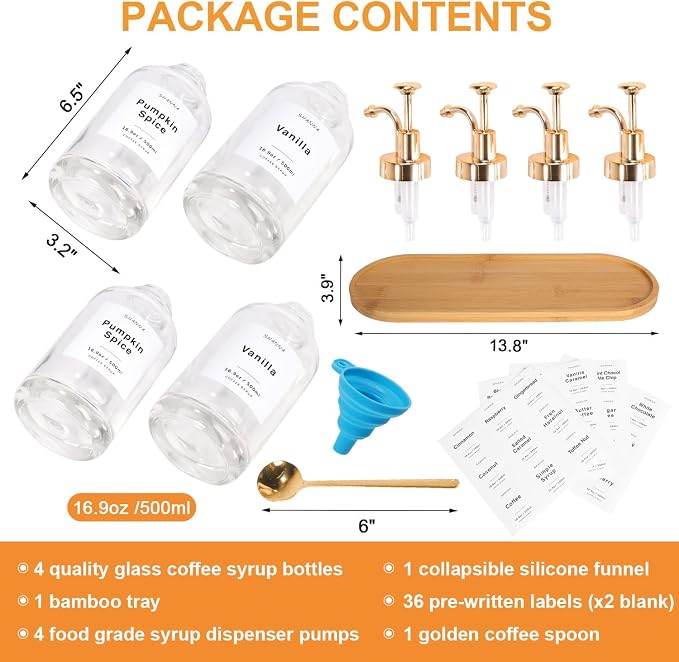 Coffee Syrup Dispenser for Coffee Bar, 16.9oz 500ml Glass Syrup Dispenser w Golden Coffee Scoop, Coffee Syrup Pump Dispenser w 36 Labels and Bamboo Tray, Coffee Syrup Bottles with Golden Pump, 4PCS - Image 2