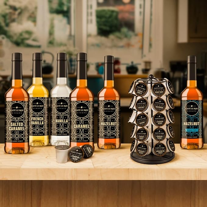 Café Le Rou Coffee Syrup Variety 5-Pack- 25.4 oz Vanilla, French Vanilla, Caramel, Salted Caramel, Hazelnut, *Includes 5 Syrup Pumps*, Flavoring Syrup for Coffee, Tea and Espresso