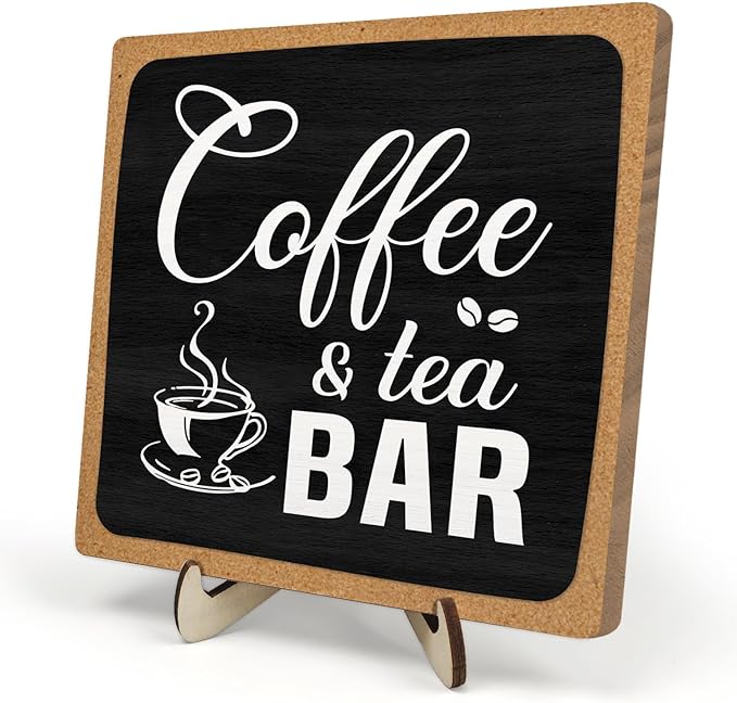 Coffee Bar Sign Plaque Decor,Cafe Station Accessorie for Office,Rustic Wooden Tabletop Plaque with Stand, Minimalist Farmhouse Kitchen Counter Sign ,Cute Mini Café Bar Decor Gift ,Coffee & Tea Bar Decor Signs 5.9x5.9Inch (Black&Grown)
