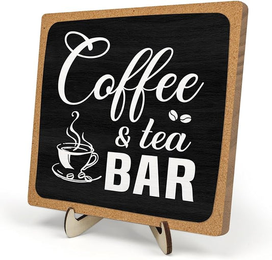 Coffee Bar Sign Plaque Decor,Cafe Station Accessorie for Office,Rustic Wooden Tabletop Plaque with Stand, Minimalist Farmhouse Kitchen Counter Sign ,Cute Mini Café Bar Decor Gift ,Coffee & Tea Bar Decor Signs 5.9x5.9Inch (Black&Grown)