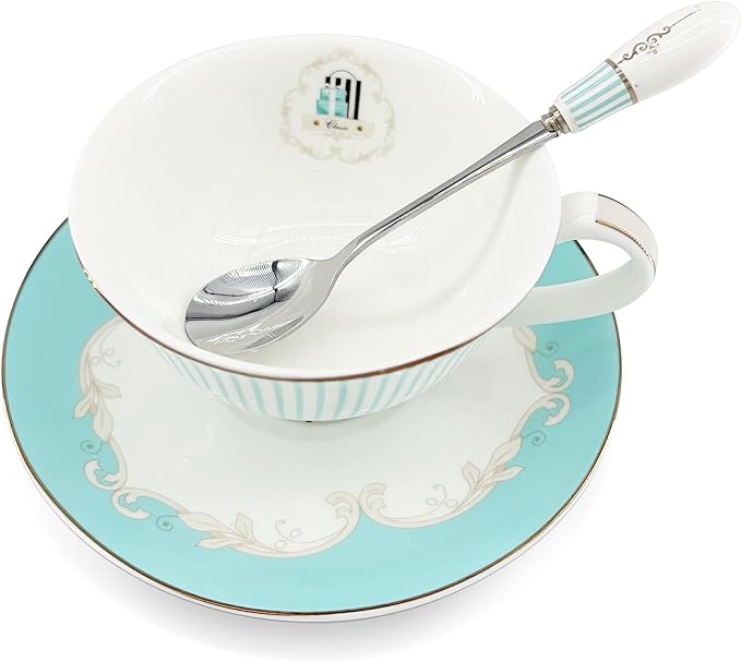 Vintage Ceramic Teacup Elegant Coffee Cup with Spoon and Saucer Set,Royal Bone China Tea Cups (Stripe)